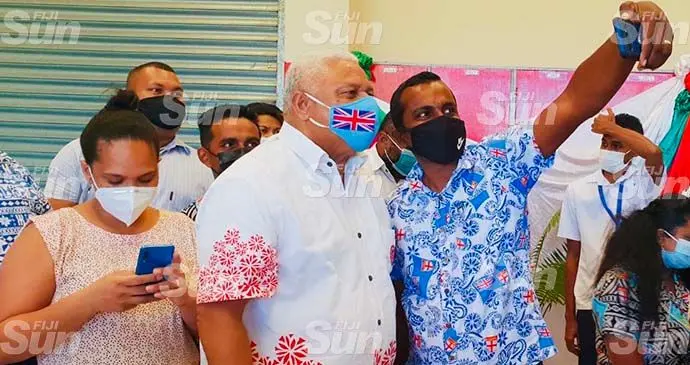 Prime Minister Voreqe Bainimarama in a selfie on October 13, 2021, during his three-day tour in the Western Division. Photo: Nicolette Chambers