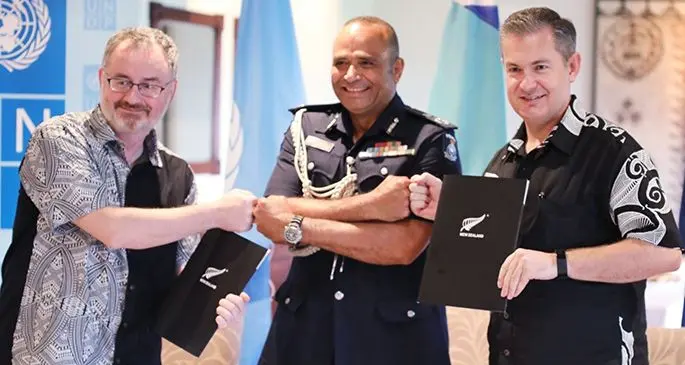 From left: United Nations Development Programme Pacific Office representative Levan Bouazade, Police Commissioner Brigadier-General Sitiveni Qiliho and New Zealand High Commissioner to Fiji Jonathan Curr.