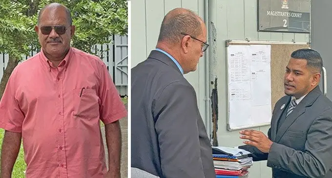 Former Social Democratic Liberal Party (SODELPA) member, Peceli Vosanibola and FICAC lawyer, Joseph Work (right) with a witness outside the Suva Magistrate’s Court on May 14, 2024. Photo: Beranadeta Nagatalevu