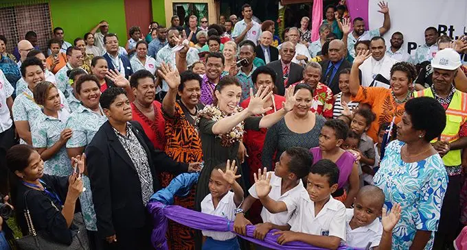 New Zealand Prime Minister Jacinda Ardern with the Minister for Housing, Premila Kumar, residents, children and other stakeholders at Tamavua-i-Wai to launch the RISE informal settlement project.  Photo: Ronald Kumar