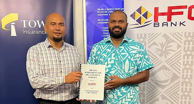 Tower Insurance head of Pacific Digital Distribution, Veilawa Rereiwasaliwa with HFC Bank general manager Retail Banking, Tony Ram. Photo: HFC Bank