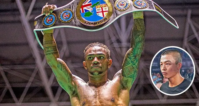 Fiji lightweight champion Mikaele Ravalaca. Inset: Featherweight boxer Runqi Zhou.