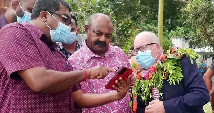 Minister for Waterways and Environment Mahendra Reddy and British High Commission’s Tim Hanson during the construction of the nature-based seawall at Namatakula Village on October 1, 2021, funded by the British government. Photo: British High Commission Suva
