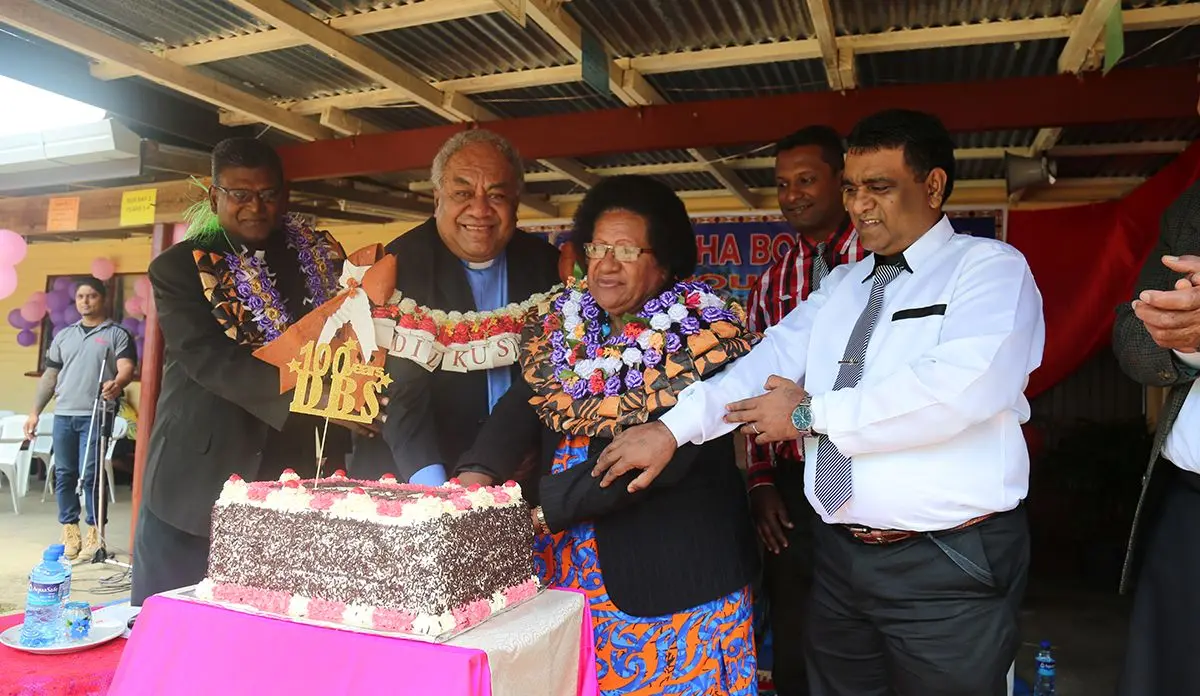 (From left) School chairman Rev Dr Anil Reuben, Rev Epineri Vakadewavosa, Mrs Vakadewavosa and Headteacher Rishi Chand cutting of the centenial cake on November 1, 2019. Photo: Kelera Sovasiga