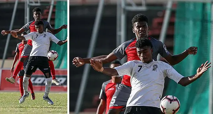 Digicel Fijian Under-19 striker Melvin Mani, tussles for the ball against New Caledonia in the OFC U19 semifinal this afternoon. Photo: OFC Media
