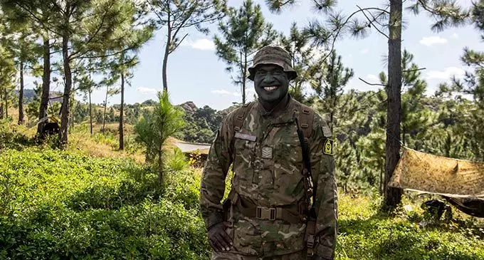 Staff Sergeant Aseri Balawa, 39, out on exercise in Fiji’s Nausori Highlands with the Officer Cadet School of New Zealand