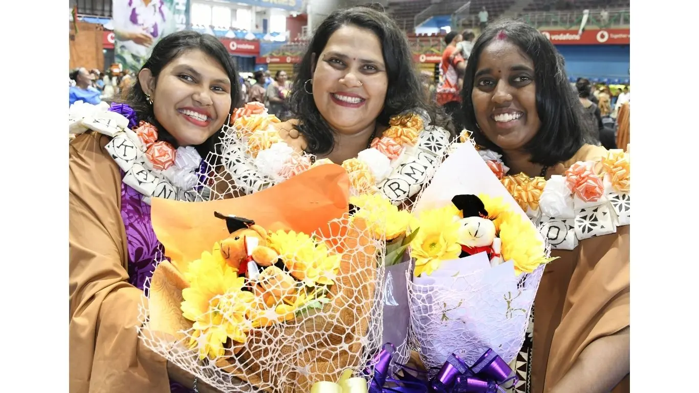Triple celebration for (from left) Akansha Kumar with her mum Ajeshni Sharma and aunty Kriti Chand following their University of South Pacific graduation ceremony at Vodafone on April 16, 2026. Photo: Ronald Kumar.   