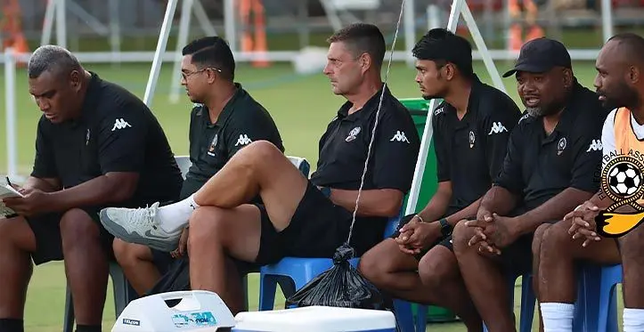 Digicel Fiji football coach Marika Rodu (left) and his coaching staff at Churchill Park, Lautoka, on March 21, 2023.. Photo: Fiji FA Media