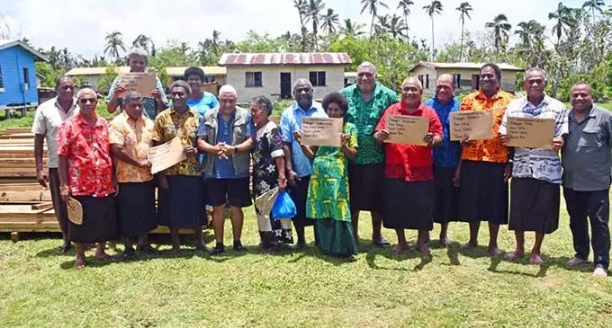 Prime Minister Voreqe Bainimarama (seventh from left) in Bua on January 14, 2021, with Pine Group chair Ratu Wiliame Katonivere (green shirt) and Minister for Disaster Management Inia Seruiratu (far right). Photo: Office of the Prime Minister
