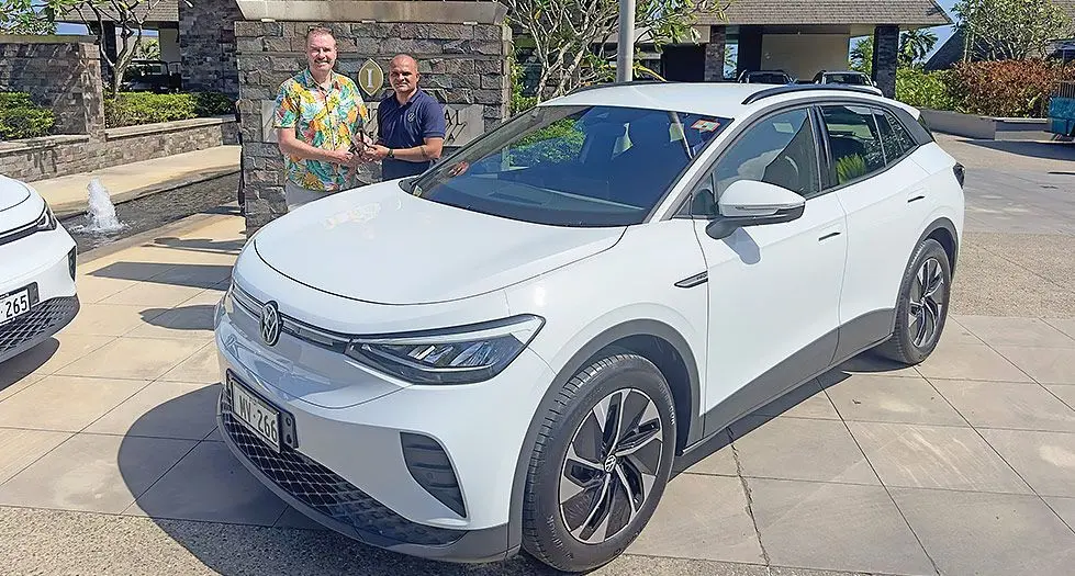 One of the electric vehicles being received at InterContinental Fiji Golf Resort and Spa in Natadola on May 3, 2024.