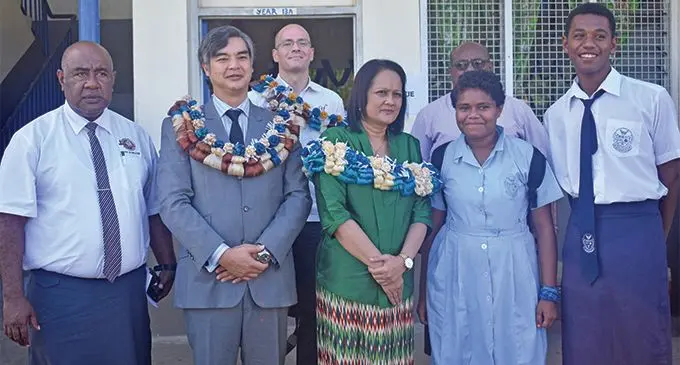 Minister for Education, Heritage and Arts, Rosy Akbar (middle), French Ambassador, Sujiro Seam (second from left) and Alliance Francais director, Thomas Feldstein (back left) with students, teachers and Ministry of Education officials during the launch of French language classes at Ratu Navula College in Nadi on March 20, 2019. Photo: DEPTFO News  
