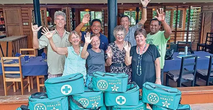(From left-backrow) Rotary Club of Savusavu president, Gene Calvert, with members during an assistance drive of Red Cross medical kits obtained from Friends of Fiji Health in New Zealand to assist community health workers in the Cakaudrove area during an earlier assistance last August.
