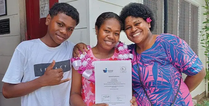 Lusiana Talatoka (middle), with her mother Ulamila Fipe and brother Rusiate on April 4, 2025. Photo: Shratika Naidu