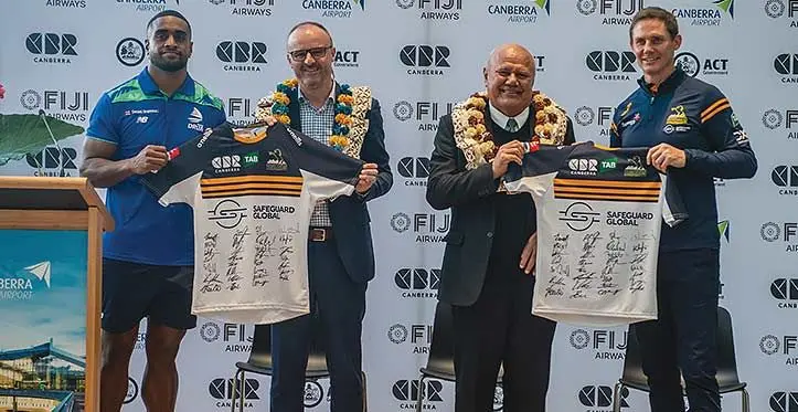 From left: Swire Shipping Fijian Drua rep Kemu Valetini, ACT chief minister Andrew Barr, Deputy Prime Minister and Minister for Tourism and Civil Aviation Viliame Gavoka and Brumbies head coach Stephen Larkham after the announcement of Fiji Airways as the official sponsor for the Brumbies on April 14, 2023. Photo: Leon Lord