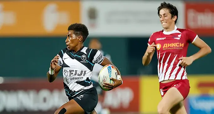 Fiji Airways Fijiana 7s halfback Reapi Uluinasau in full flight during the first round of competition of the Dubai Sevens. She is a definite starter in this weekend’s second round of competition. Photo: Emirates Dubai Sevens