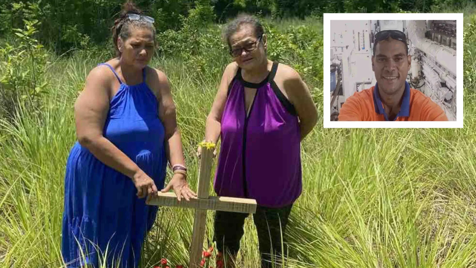 Seraphine Mock (right) with sister Ann-Marie Stolz on January 16, 2026, at the site where the body of her son, Richard Mock (inset) was allegedly dumped by police officers in Nadi, marking one year since his death.