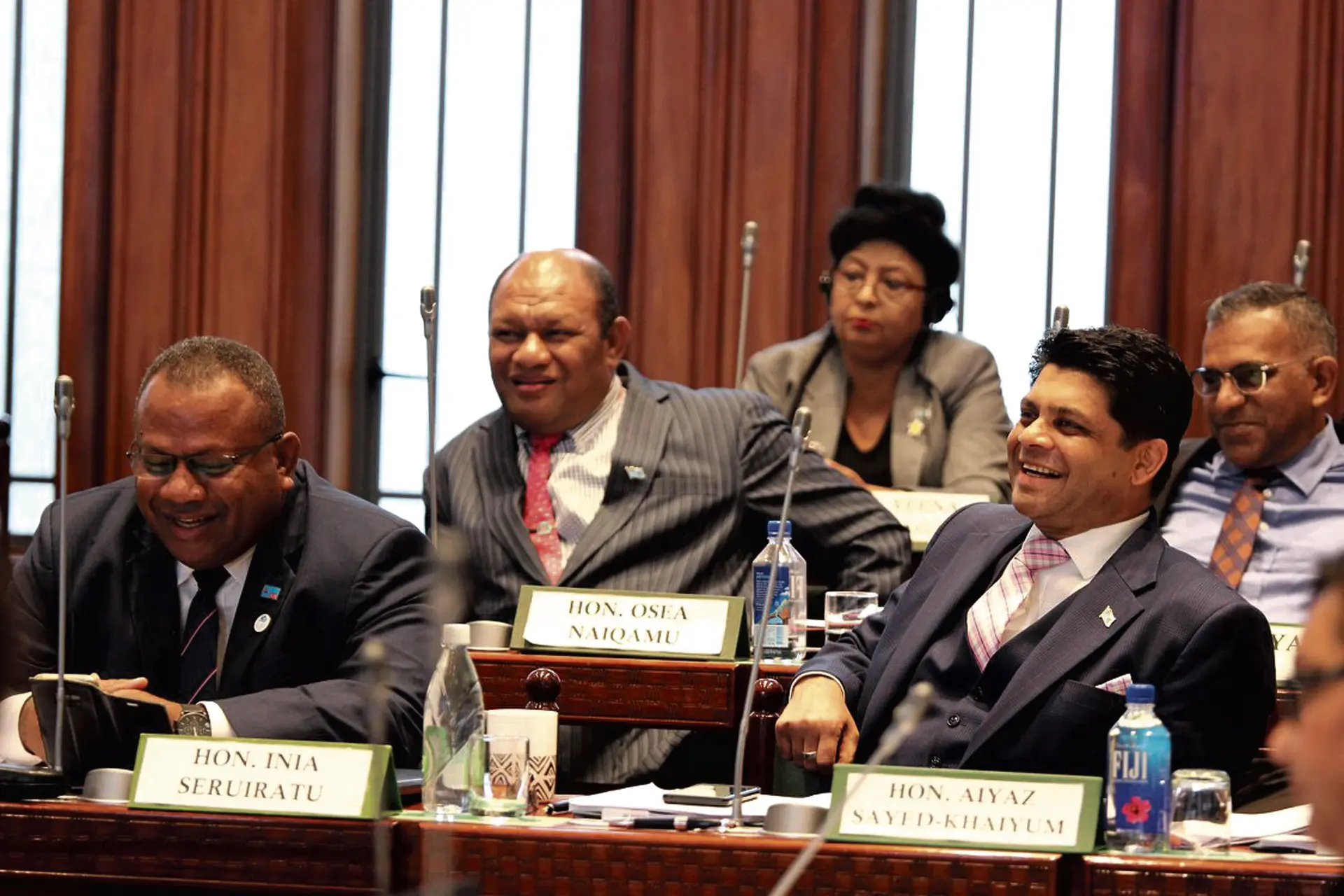 From left: Minister for Agriculture, Rural and Maritime Development, National Disaster Management and Meteorological Services, Inia Seruiratu, Minister for Forests Osea Naiqamu, Assistant Minister for Women, Children and Poverty Alleviation Veena Bhatnagar, Attorney-General Aiyaz Sayed-Khaiyum and Minister for Industry, Trade, Tourism, Lands and Mineral Resources Faiyaz Koya during Parliament in Suva on March 9, 2018. Photo: DEPTFO News