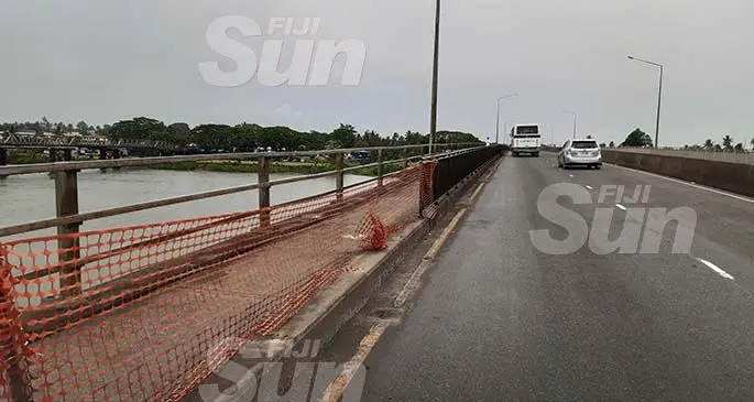 Parts of the railings along the walkway on Rewa Bridge are missing because of accidents. Photo: Shalveen Chand