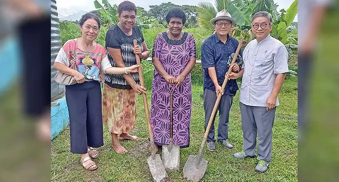Pastor Chang-Ho-Lee (right), Paul Kim, beside him, his wife Yong-Mi-Lee with HART officials Mereia Naimotu (centre) and Litia Leilovo in Lautoka on November 14, 2022. Photo: Nicolette Chambers
