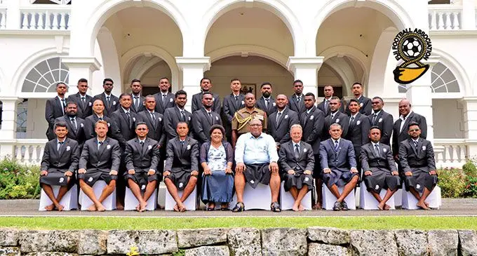 President Ratu Williame Maivalili Katonivere with the Digicel national football team and officials at the State House in Suva on March 3,2022. Photo: Fiji FA Media