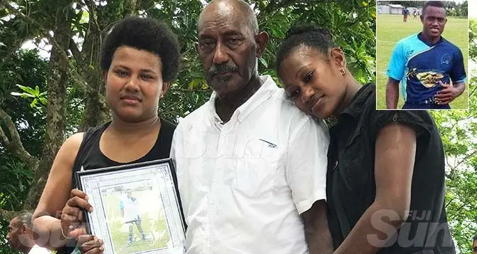 The family of the late Jaoji Dumu. Sisters Miliana Soqonavere (left) and Eseta Waqa with Dad Esila Finau (middle) farewells the late Jaoji Dumu in Namuka, Bau, Tailevu on February 8, 2020. INSET: A picture of the late Jaoji Dumu. Photos: Inoke Rabonu