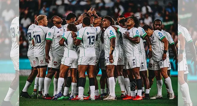 The Swire Shipping Fijian Drua players before their Super Rugby Pacific debut match against NSW Waratahs last Friday in Sydney, Australia. Drua lost 10-40.