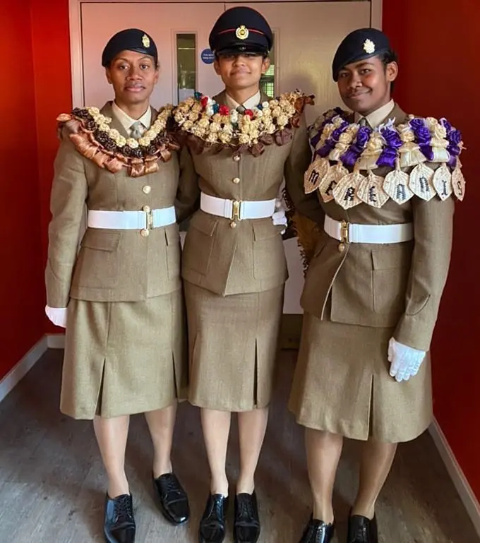 Susana Todua, Elena Stanley Balawakula and Mereani Saqanavere on the day of their intake on February 7, 2020 at the British Army Training Centre Pirbrigh.  