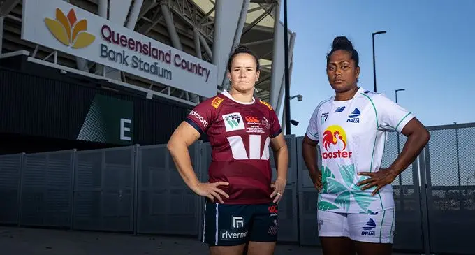 From left Reds captain, Shannon Parry and her Rooster Chicken Fijiana Drua counterpart Bitila Tawake at the Queensland Country Bank in Townsville. Photo: Reds Rugby