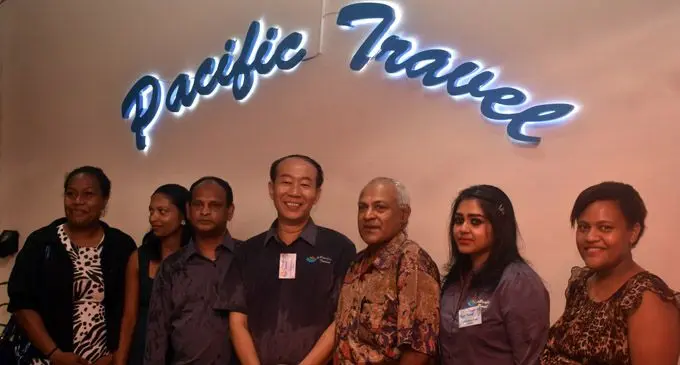 From left: Pacific Travel general manager Kishore Kumar, Director Jason Liu and Nadi Chamber of Commerce and Industry President Dr Ram Raju at the official opening last Friday night Photo: Waisea Nasokia