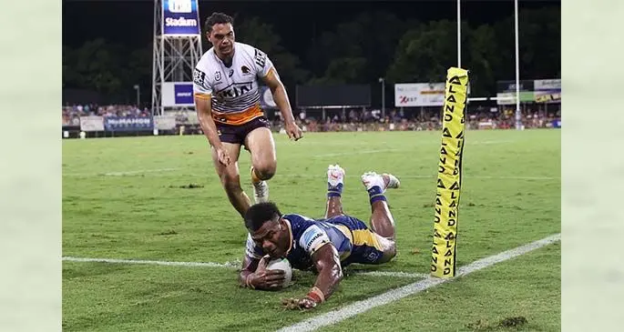 Try time... Parramatta Eels and Fijian Bati winger Maika Sivo scores one of his three tries against the Brisbane Broncos during their NRL clash at the TIO Stadium in Darwin, Australia. Report on page 31. Photo: Fox Sports