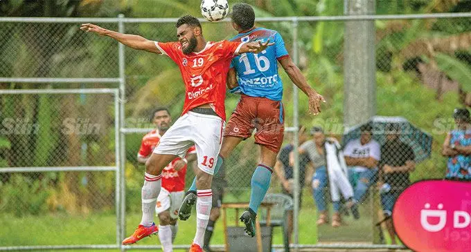 Glamada Rewa striker Rusiate Matererega in an aerial battle against Nasinu defender Amani Makoe during their Digicel Premier League clash at Uprising Sports Centre in Pacific Harbour, Deuba, on July 17, 2022. Rewa won 2-1. Photo: Leon Lord
