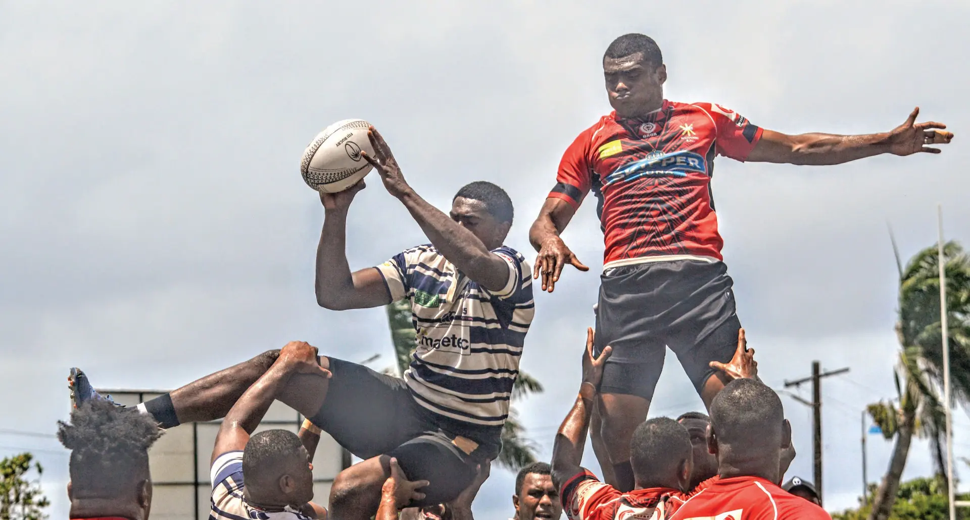 Naitasiri flanker Anasa Qaranivalu (left) wins a line-out throw against teammate Tomasi Naiduki during the team’s training at Suva’s Bidesi Park, Laucala Bay, on November 11, 2020. Photo: Naitasiri Rugby
