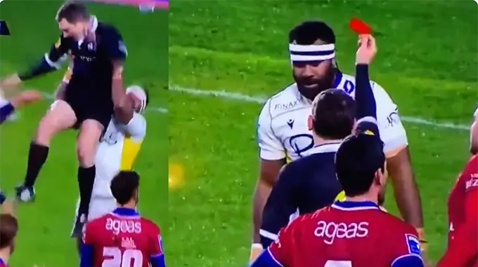 Former Fijian 7s rep Josaia Wini Raisuqe lifting the ref and being red carded in the Nevers-Beziers Pro-D2 match on January 9, 2021. Photo: Nevers Rugby