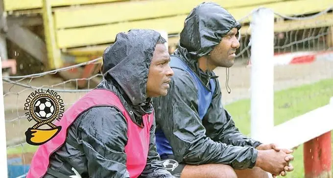 Ba coach, Ronil Kumar, (left) and a Ba official during the Vodafone Fiji Fact in Labasa on November, 2020.  Photo: Fiji FA Media 