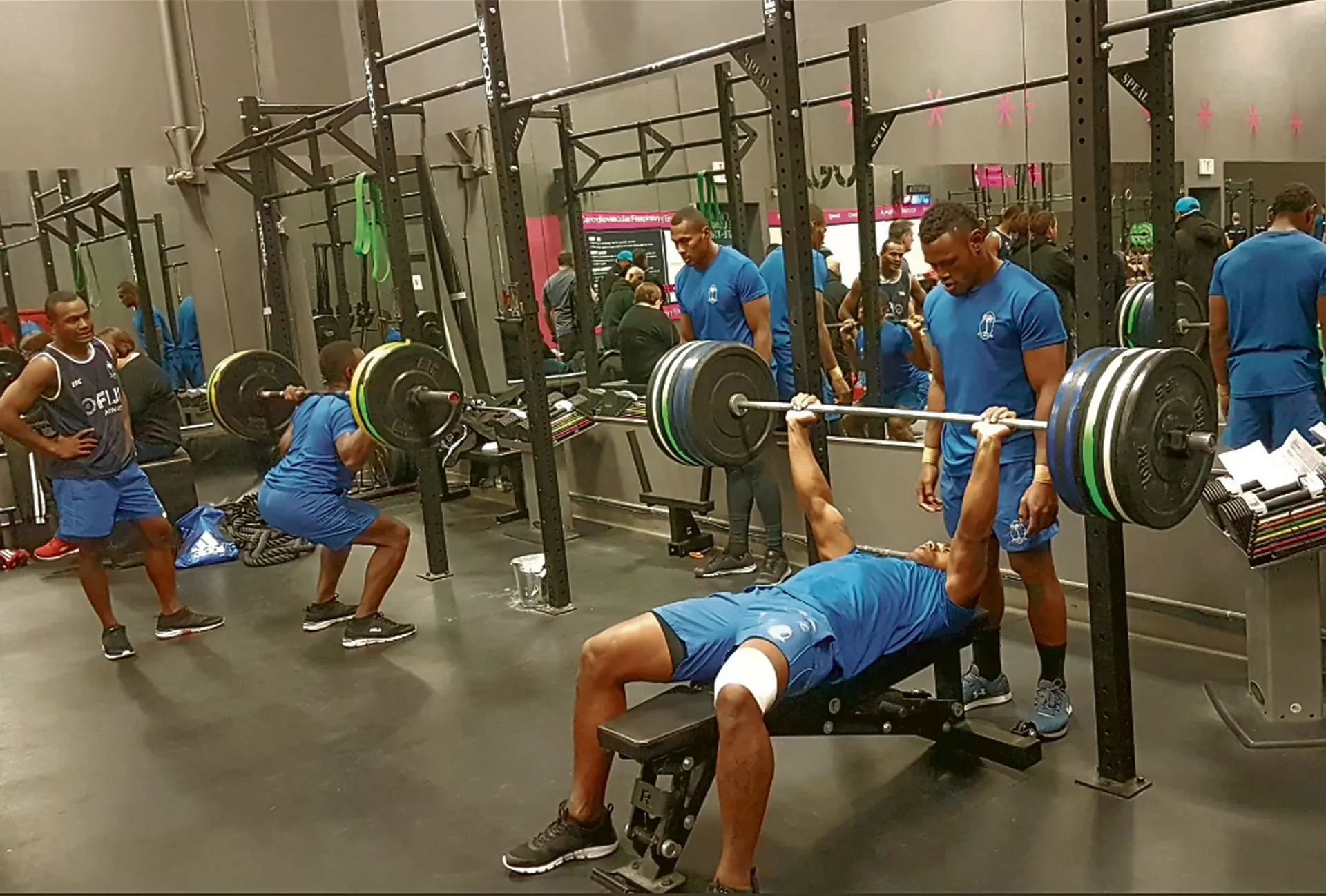 Fiji Airways Fijian 7s players Paula Dranisinukula and Amenoni Nasilasila monitor their team-mates during their weight session in Vancouver, Canada. Photo: Naca Cawanibuka.