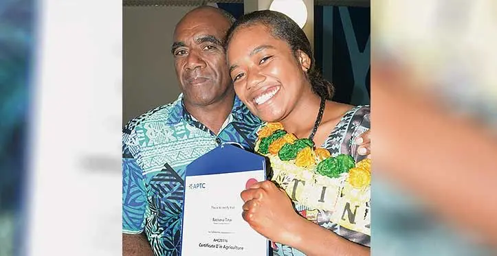 Laisenia Ragolea and his daughter Baciseva Tinai following her Certificate II in Agriculture graduation from the Australia Pacific Training Coalition at Nasinu on May 17, 2023. Photo: Ronald Kumar