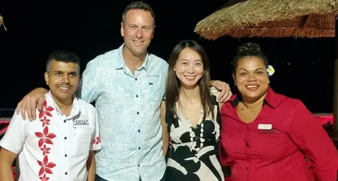 (Second from left) Tourism Fiji chief executive officer Brent Hill with two staff of Ramada Suites by Wyndham Wailoaloa Beach Fiji and a member of the Chinese travellers from Access Corporate Group. Pho.jpg
