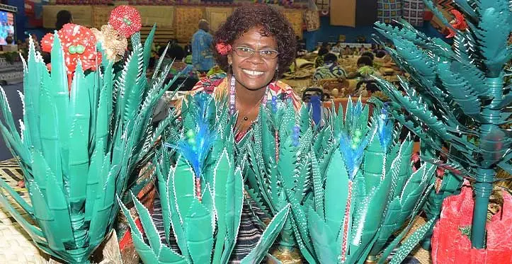 Asinate Vakaraira of Nasolo, Bua, with her plastic bottle flowers made from recycle products on display at the sixth National Women’s Expo at the Vodafone Arena, Suva, on November 21, 2023. Photo: Ronald Kumar