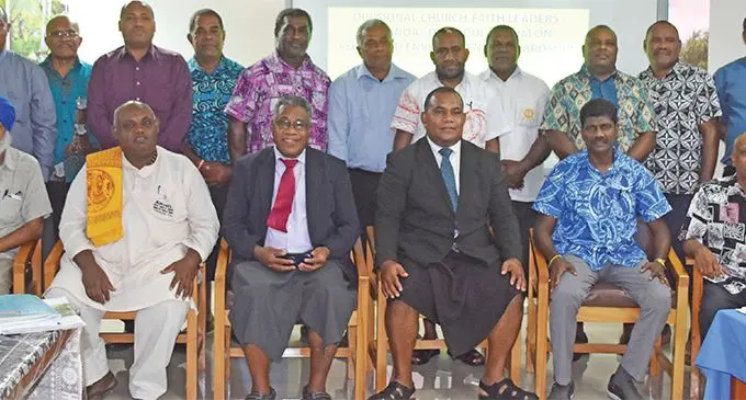 Commissioner Northern Jovesa Vocea (sitting fourth from the left) with religious leaders gathered for the first ever divisional REDD+ and environmental stewardship dialogue forum for church and inter-faith leaders at Macuata House in Labasa on June 18, 2019. Photo: Shratika Naidu